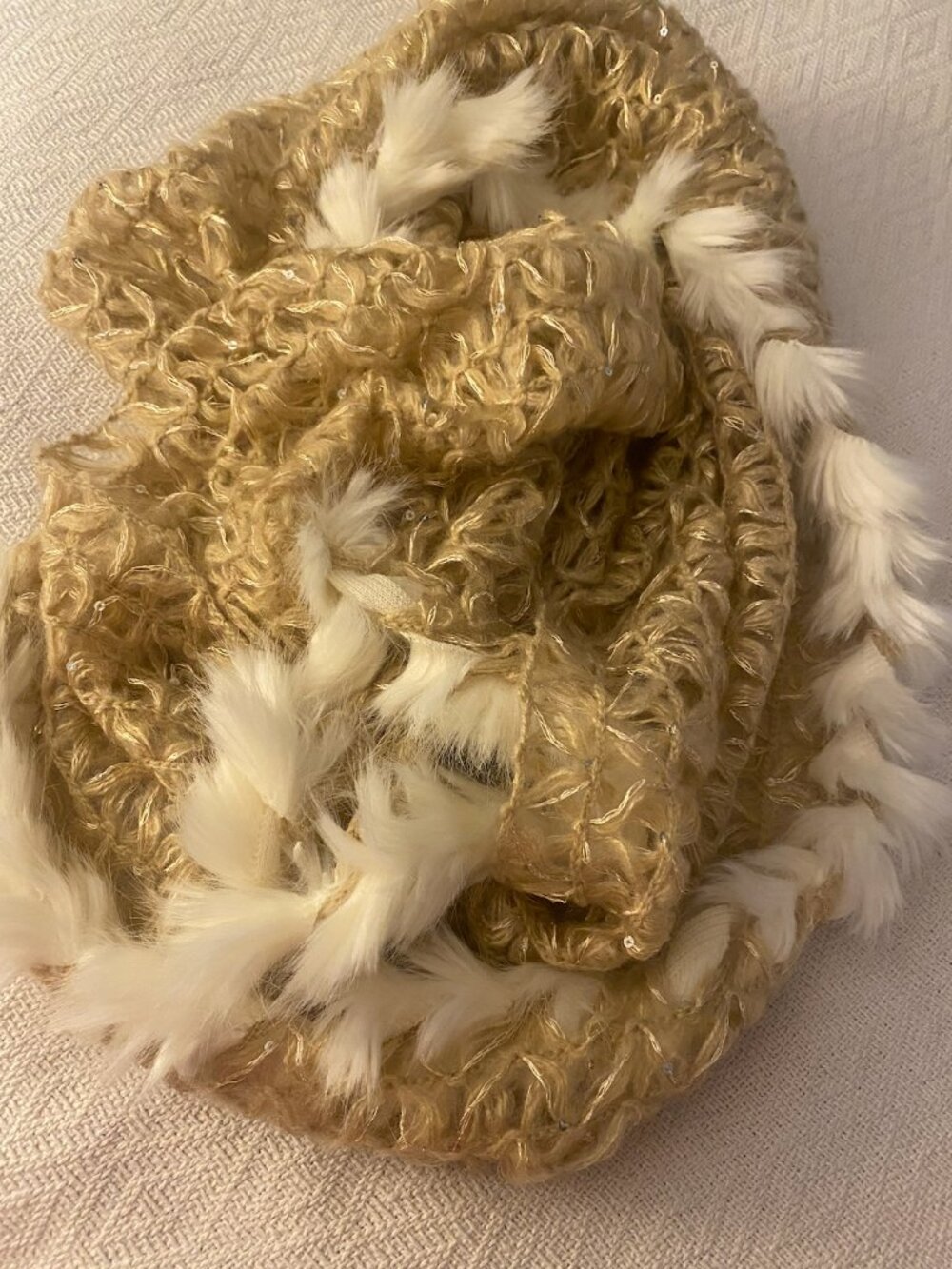 Tan/Gold Loop Scarf with Faux Fur trim